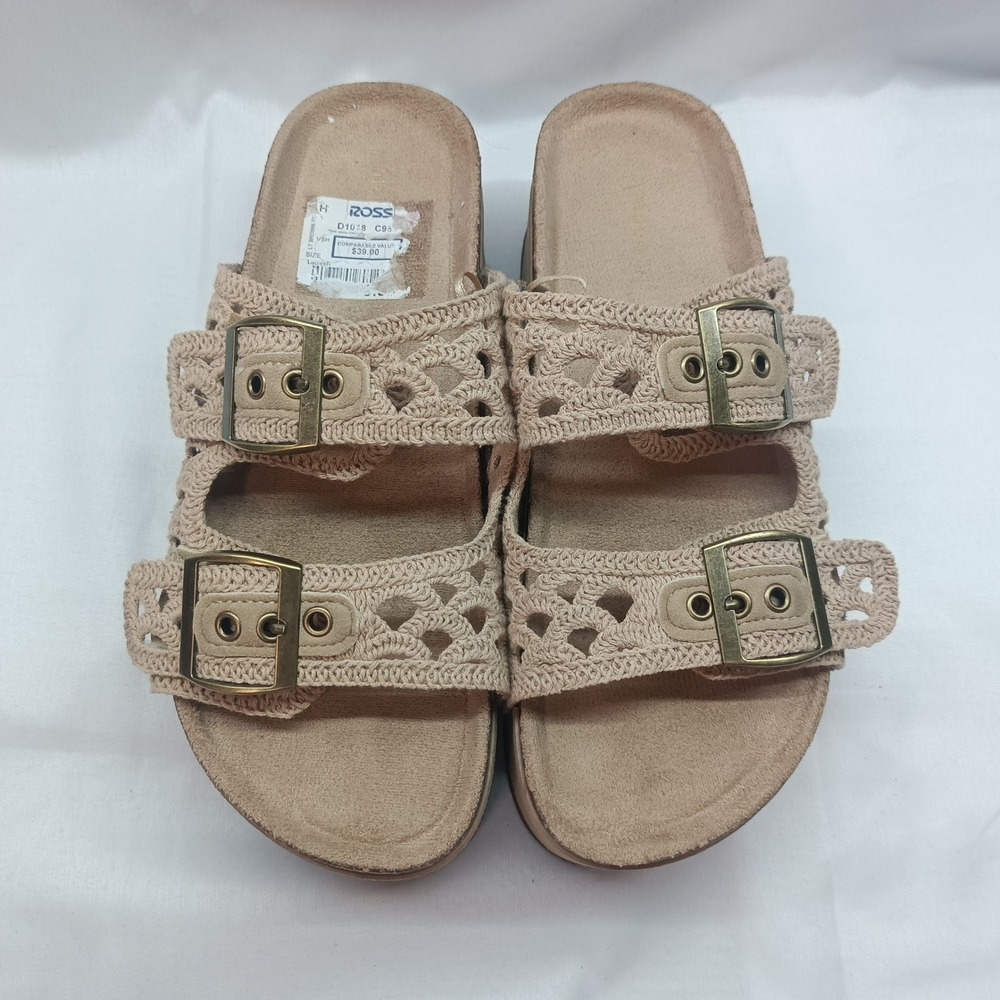 Madden Girl Crochet Double Strap Platform Sandals Tan Boho Buckle Slides 6.5 - Picture 3 of 8